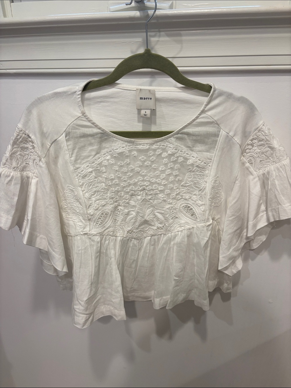 Maeve White Embroidered Ruffle-Sleeve Peasant Top